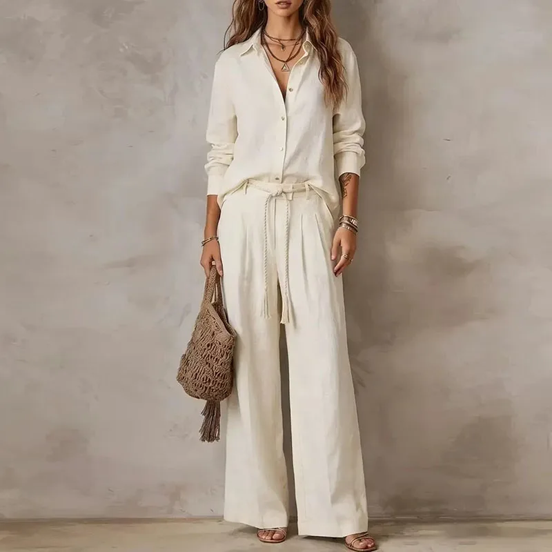 Elegant Women Solid Lapel 2 Piece Outfit Long Sleeve Blouse Braided Drawstring Wide Leg Pants Set Casual Fall Travel Beach Suits - Image 2