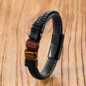 Tiger Eye Healing Bracelet, Natural Stone with Braided Leather Cord & Stainless Steel Clasp, Chakra Balancing Energy Jewelry