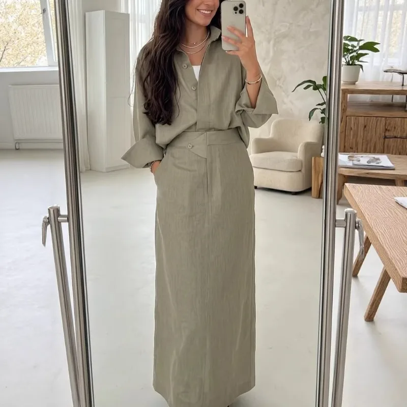 Elegant Women 2-Piece Set Modest Oversized Button-Down Shirt + High Waist Maxi Skirt Casual Chic Co-ord Outfit for Spring - Image 11