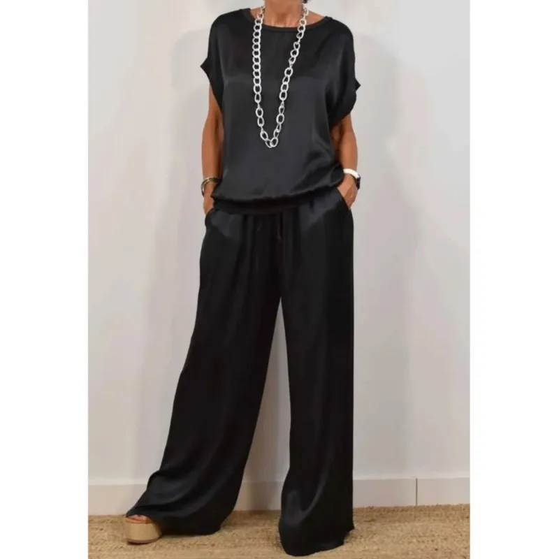 Summer Satin Two Piece Sets For Women V Neck Bat Sleeve Top Casual Loose Lace Up Wide-leg Pants 2 Piece Suit Female Home Outfits - Image 4