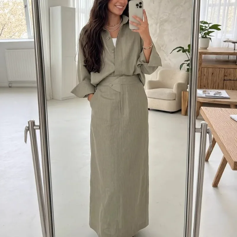 Elegant Women 2-Piece Set Modest Oversized Button-Down Shirt + High Waist Maxi Skirt Casual Chic Co-ord Outfit for Spring - Image 3
