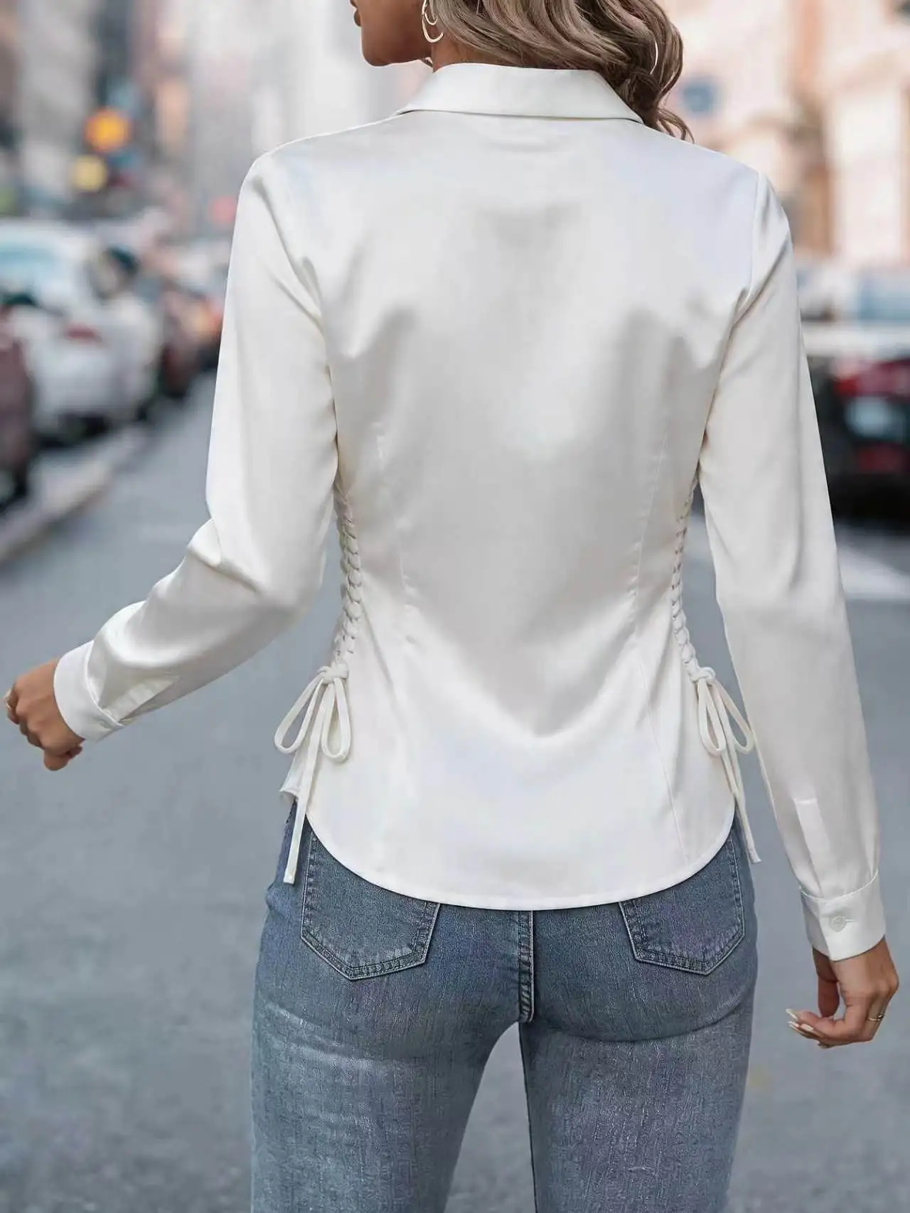 Women Satin Blouse Long Sleeve Turn Down Collar Side Drawstring Ruched Slim Fit Office Casual White Formal Shirt Elegant - Image 2