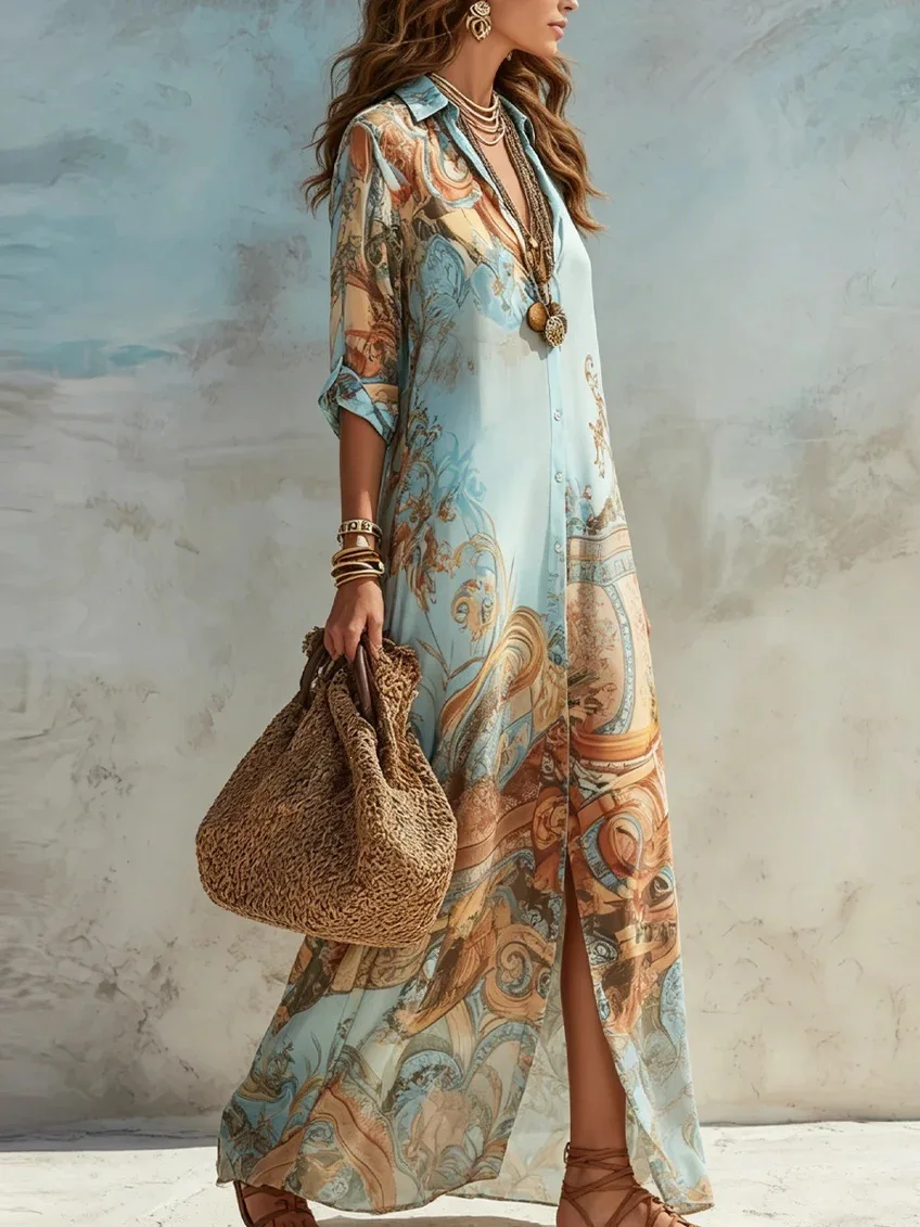 Elegant Shirt Dress for Women Chiffon Digital Print Turndown Collar Single-breasted Dresses Flowy Casual Boho Summer Clothing - Image 3