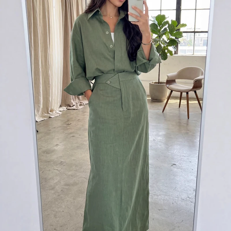 Elegant Women 2-Piece Set Modest Oversized Button-Down Shirt + High Waist Maxi Skirt Casual Chic Co-ord Outfit for Spring - Image 13