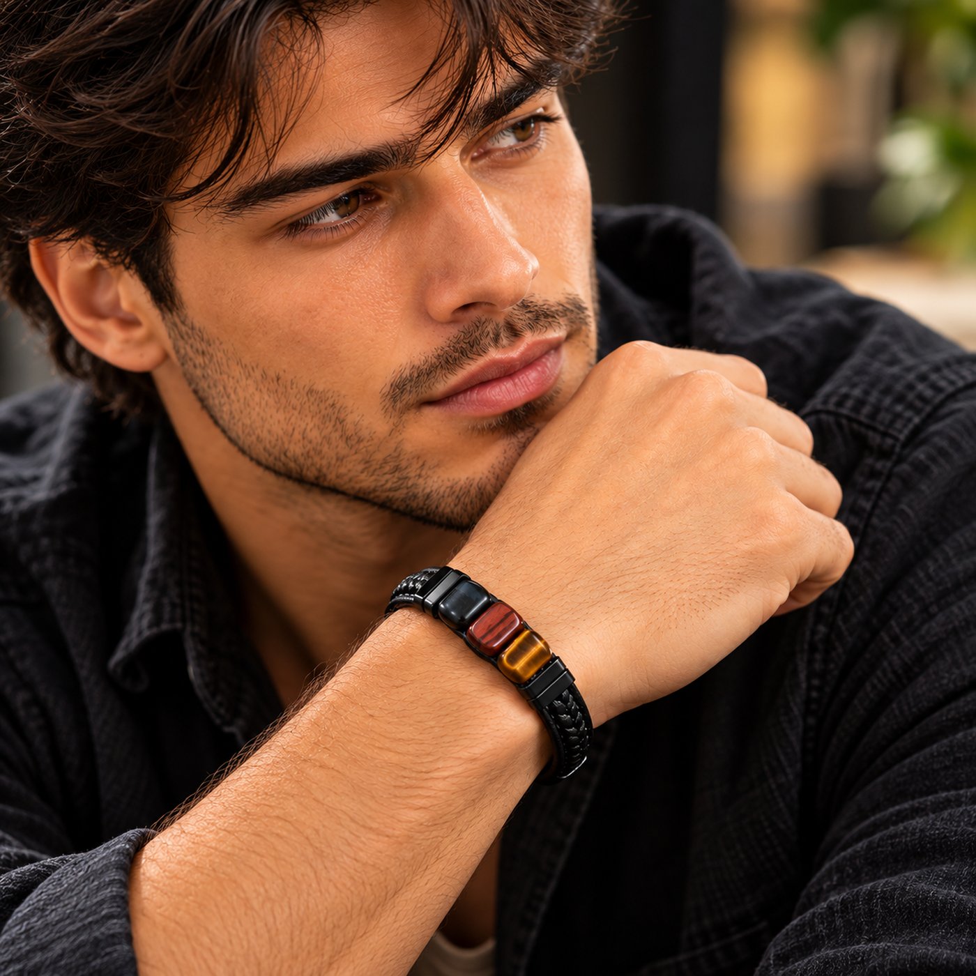 Men’s Black Leather & Natural Stone Bracelet – Tiger Eye, Red Jasper & Black Stone