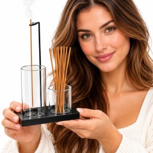 Natural wooden incense holder with dual glass chambers and incense sticks